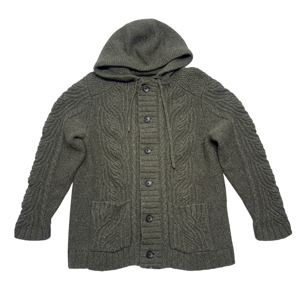 Elie Tahari Cashmere Cardigan Hooded Sweater XL Olive Corded Chunky Overcoat